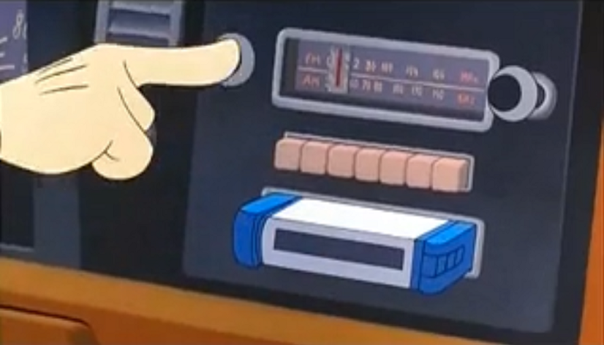 Goofy pressing play on a cassette player in his car.