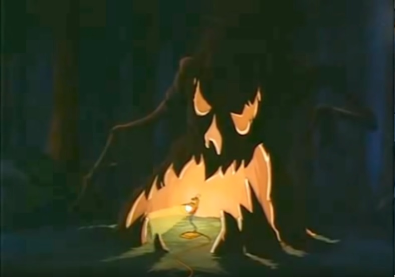 Lampy rests under a spooky tree in The Brave Little Toaster.