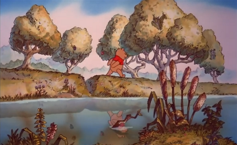 Pooh walking alongside a pond in the Hundred Acre Woods.